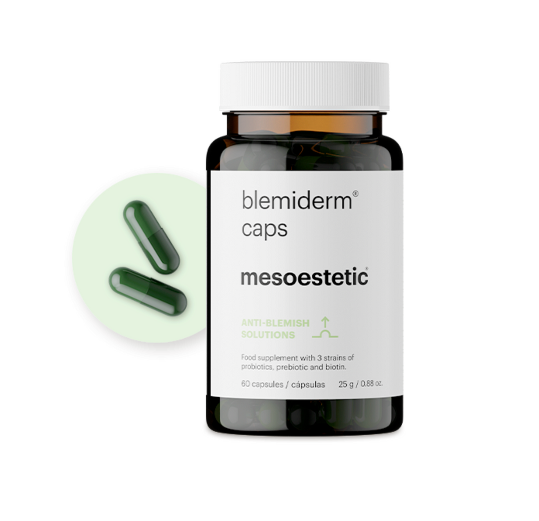 Mesoestetic Blemiderm caps for acne-prone skin with probiotics and biotin.