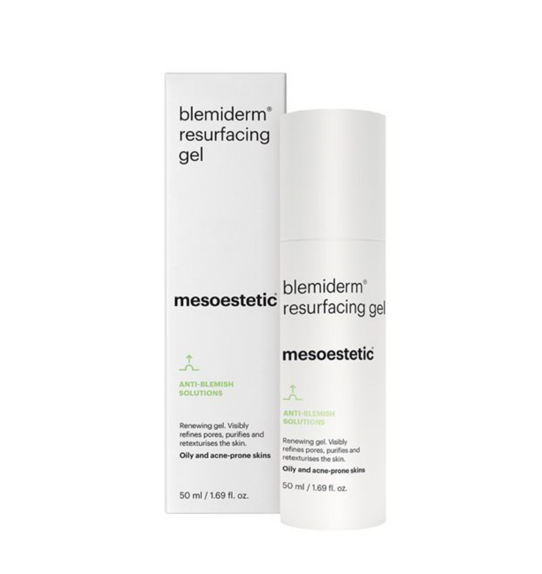 Mesoestetic Blemiderm resurfacing gel for oily acne-prone skin, reduces pores and excess sebum.