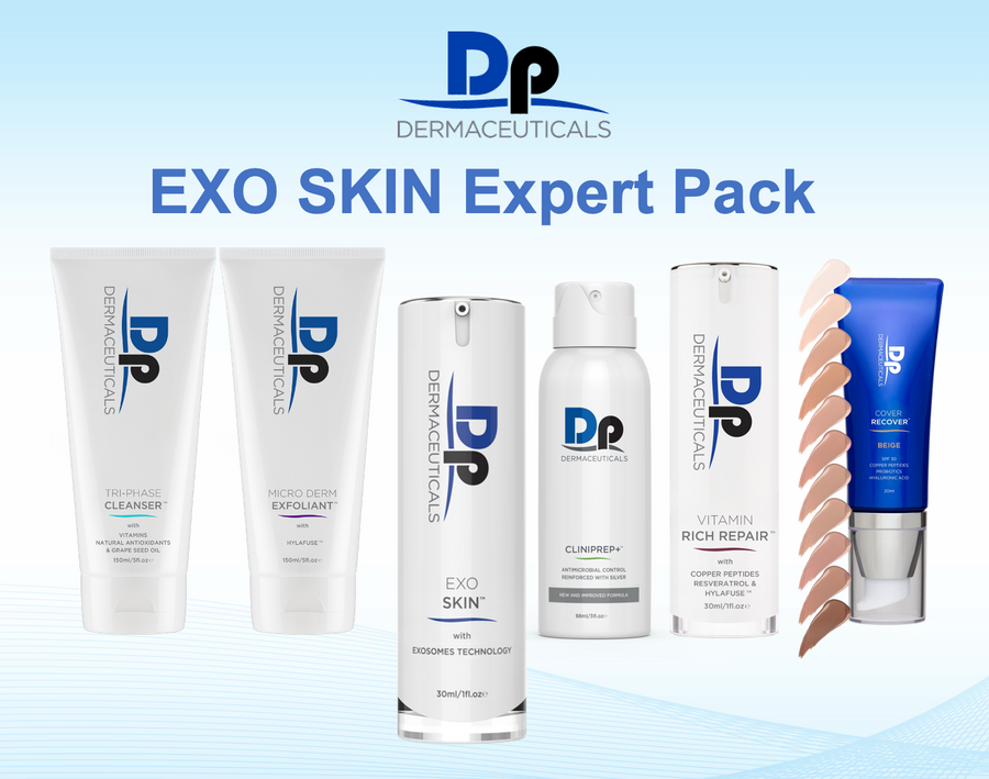 EXO SKIN Expert Pack with cleanser, exfoliant, serum, and SPF protection products displayed.